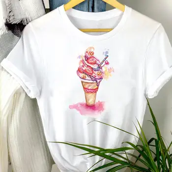 Moterų Drabužiai Ledų Akvarelė Tendencija Naujas Animacijos Vasaros Spausdinti Mados trumpomis Rankovėmis Marškinėlius Moterų Tee Viršuje Grafinis T-shirt