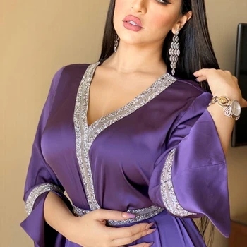 Moterų Maxi Suknelė Elegantiškas Satino Arabų Jalabiya Dubajus Caftan Abaja Šalis V Kaklo Visą Rankovėmis Arabų Indie Drabužius Marokas Eid