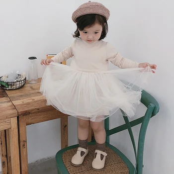 Nauja Rudens Mergaitės Medvilnės Tinklelio Sweet Baby Princess Dress O-kaklo, ilgomis Rankovėmis, Vaikams, Vaikų Drabužiai Suknelė LZ133
