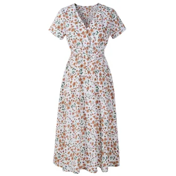 Nauja Vasaros Moterų Suknelė 2021 Atsitiktinis Elastinga Juosmens Boho Gėlių Suknelė Moterų Paplūdimio Spausdinti Derliaus Šifono Midi Suknelė Rūbeliai Vestidos