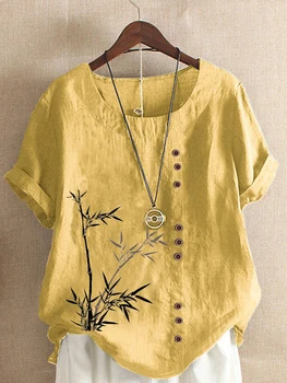 Naujas Moterų Vasaros Atsitiktinis bambuko Spausdinti Laisvi marškinėliai Derliaus Apvalios Kaklo Plius Dydis-trumpomis Rankovėmis Palaidinė Viršūnės S-5XL