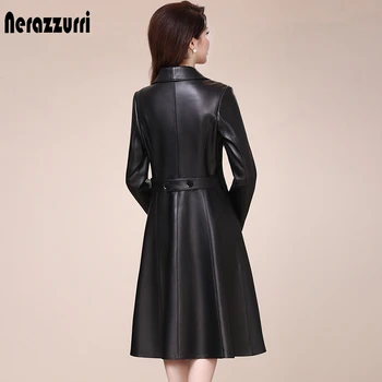 Nerazzurri Pavasario ruduo ilgas, juodas minkštas dirbtiniais odos paltai moterims ilgomis rankovėmis mygtukais slim fit Elegantiška odinė striukė moterims 2021