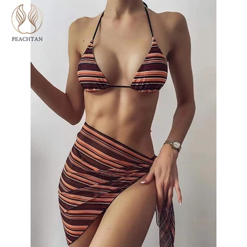 Peachtan Sijonai bikini 2021 Trikampis maudymosi kostiumėlis moterims Seksualus maudymosi kostiumėliai, moterų String apynasrio maudymosi kostiumą Juostele 3 gabalus nustatyti 2021 naujas