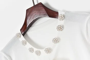 Prabangos Prekės ženklo Dizaineris Megztų Megztinių Moterims, O Kaklo Perlų, Deimantų Mygtuką Lankas trumpomis Rankovėmis Megzti Megztinis