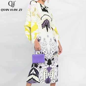 Qian Han Zi dizainerio mados kilimo ir tūpimo tako vasaros suknelė Moterų nereguliarus sudegintasis rankovėmis vintage modelis spausdinti Slim bodycon suknelė