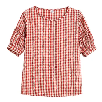 Raudonas Pledas Šifono Marškinėliai Moterų 2020 M. Vasarą Apvalios Apykaklės Trumpą Šifono rankovėmis Marškinėliai Viršuje Plaid Marškinėliai Moterims Palaidinės Mažų Šviežių
