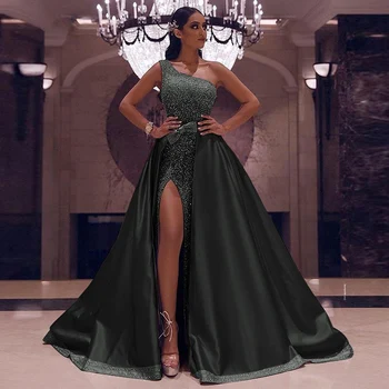 Rose Aukso Prom Dresses Vieną Petį 2021 Aukštos Padalinta Vakaro Suknelės Blizgučiais Nuimamas Oficialų Kokteilių Vakarėlį, Chalatai Dubajus Arabų