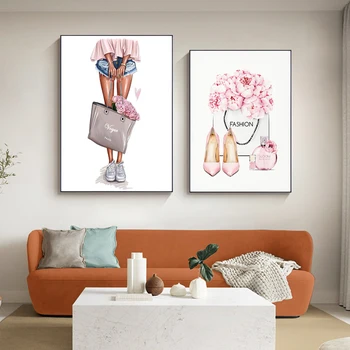 Rožinis Mados Moteriškas Gėlių Šiaurės Drobės Tapybos Apdailos Art Wall Print ir Plakato Nuotrauką Kambarį Miegamųjų Namo