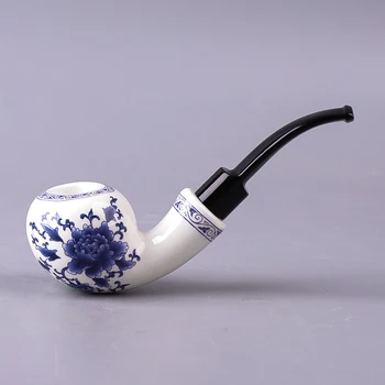 RU-Kinijos Rūkymas Vamzdis, Mėlynos ir Baltos Keramikos Vamzdį Tabako Pypkių Ir Keramikos Vamzdžio Stovas Stovas Laikiklis Su 9mm Filtro Rinkinys Dovanų Dėžutėje