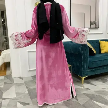 Rudenį, Žiemą Aksomo Kimono Atidaryti Priekiniai Abaja Musulmonų Moterų Nėriniai Kratinys Turkija Dubajus Abaja Ilgas Cardigan Duster Suknelė, Hijab