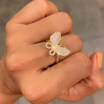 Saldus Crystal Butterfly Žiedai Moterų Mados Reguliuojamas Mielas Atidaryti Žiedai, Vestuvių juvelyriniai dirbiniai Dovanos
