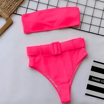 Seksualus Aukštos Saist Bikini 2020 Mujer Vientisų maudymosi kostiumėlį su Diržo Moterų Vamzdis Viršuje, maudymosi Kostiumėliai, Brazilijos Neon Pink Biquini Nustatyti Plaukimo Kostiumas