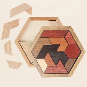 Spalvinga Šešiakampės Medinės Geometrinės Formos Pjūklelis dėlionės (Galvosūkiai) Valdybos Montessori Žaislai Vaikams, Vaikams 1 set/maišelis