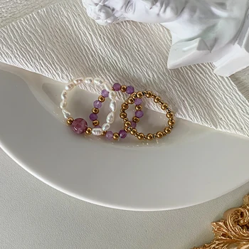 Svajonė Violetinė Kvarco Natūralaus Akmens Žiedai su Nerūdijančio Plieno Granulės bižuterijos Rinkinys Gėlavandenių Perlų Žiedai Elastinga Kolonėlė
