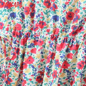 Tangada 2021 Moterų Gėlės Plisuotos Suknelė, O Kaklo, ilgomis Rankovėmis Ponios Derliaus Mini Suknelė Vestidos SL541