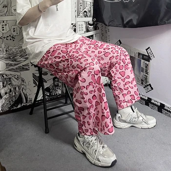 Vasaros Harajuku Vintage Laisvalaikio Kelnės Moterims Rožinė Kawaii Leopardas Spausdinti Negabaritinių Kelnių Kišenėje Bifurcation Streetwear Kelnės 2021