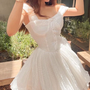 Vasaros Seksualus Off Peties Moterų Sundress Baltos Spalvos Elegantiškas Mygtuką Klostuotas Mini Dress Dirželiai Rankovių Raukiniai Komplektus Cuteandpsycho