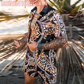 Vyrai Havajų Spausdinti Nustatyti Trumpas Rankovės Vasaros Atsitiktinis Gėlių Marškinėliai Paplūdimys Dviejų dalių Kostiumas 2021 Naujas Mados Vyrų Rinkiniai S-3XL