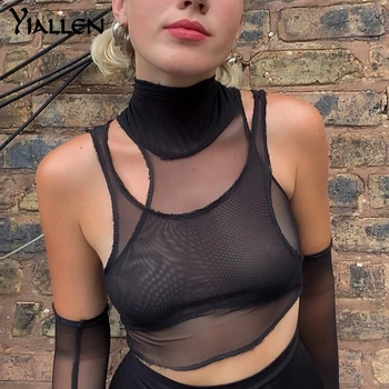 Yiallen Sexy Tinklelio Viršuje Matyti Per Megzti Straped Moterų Tankų 2 Vnt Streetwear Su Pirštines Golfo Clubwear Punk 2021