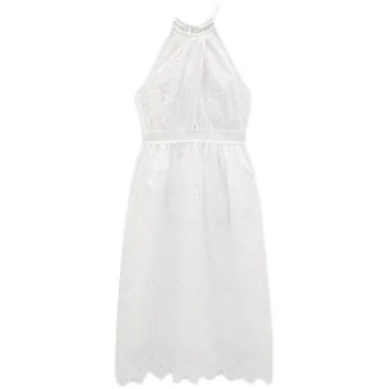 ZA 2021 naujų Europos ir Amerikos stiliaus moteriški drabužiai tuščiaviduriai išsiuvinėti ankstyvo pavasario mergaitės kaklo kabo balta juosmens suknelė