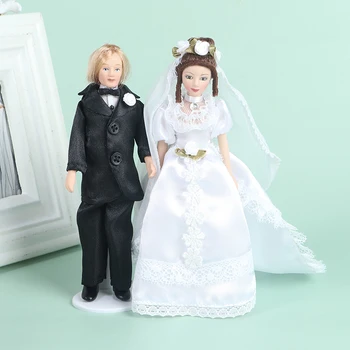 1:12 Miniatiūriniai Lėlių Porceliano Lėlės Modelis, Jaunikis, Nuotaka, Dėvėti Ilgą Balta Vestuvinė Suknelė