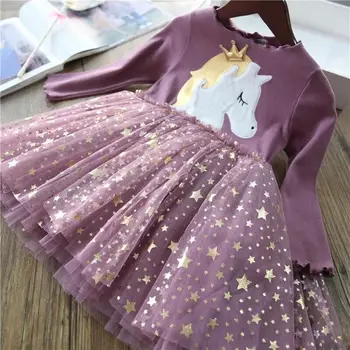 2020 naujas Mergaičių ilgomis rankovėmis Vienaragis spausdinti suknelė Kalėdų vakarėlį star akių prisiūta Princesė Dress Mergaičių Megzti Suknelę