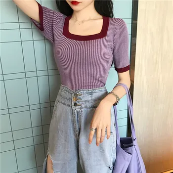2021 m. vasarą dizaino prasme spalvų atitikimo kvadratinių kaklo megzti viršų moterų vakarų stiliaus trumparankoviai violetinė T-shirt tendencija