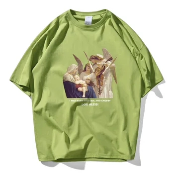 2021 Naujas Mados Ins Retro Stiliaus Naftos Paiting Print T Marškinėliai Vyrams Qulity Medvilnės Viršuje Tee Riedlentė Balta Rausva, Žalia T-shirt