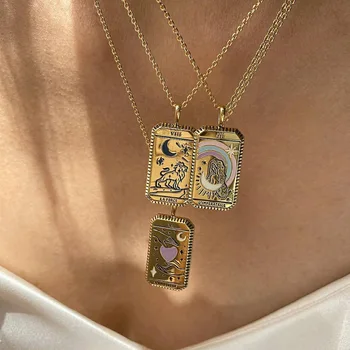 Aikštėje Amuletas Pakabukas Taro Kortos Derliaus Karoliai Moterų Papuošalai Dovanų Aukso spalvos Antkaklis Moterų Grandinės Zodiako Mėnulis Saulę Meilę