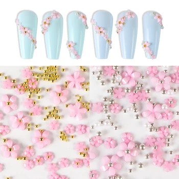 Akrilo Hot Pink Gėlių Nail Art Papuošalai Sumaišyti Dydis Metalo Karoliukai, Perlų Papuošalai Dizainas Profesionalus Nagų Prekių RK140134