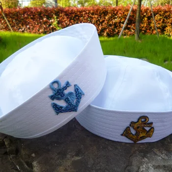 Balta Vaikas Jūrininkus Laivo Valtis Kapitonas Skrybėlę Karinio Jūrų Laivyno Jūrų Kepuraitė Su 