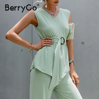 BerryGo Asimetrinė v-kaklo, rankovių moterims rinkiniai vasaros Atsitiktinis diržas elastinga dviejų dalių rinkinys moterims Office lady minkštas kietas kostiumas rinkiniai
