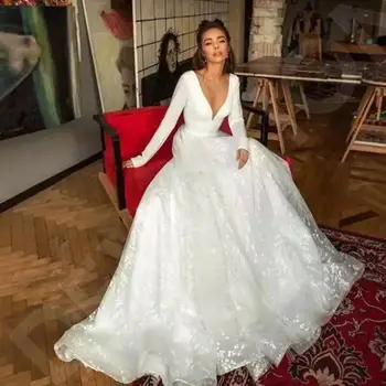 Boho Nėrinių Vestuvių Suknelės 2021 ilgomis Rankovėmis V-kaklo, Boho Vestuvinės Suknelės Satino Backless Balta Vestido de noiva Plius dydis, pagaminti pagal užsakymą,