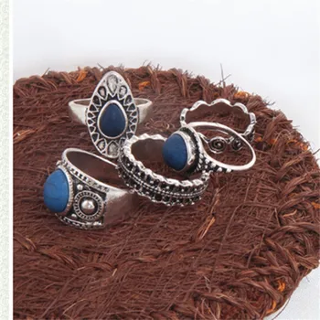 Boho Vintage Blue Gem Karka Žiedų Rinkinys Moterims Piršto Žiedą Moterų Bohemijos Žiedas Mados Juvelyrika Dovana