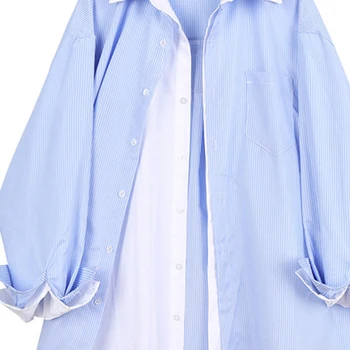 CHICEVER Mėlyna Dryžuotas Marškinėliai Moterims Atlapas Apykakle ilgomis Rankovėmis Kratinys Netikrą Dviejų dalių Nukentėjo Spalva Prarasti Palaidinės Moterų 2021 Naujas