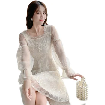 COIGARSAM prancūzų Stilius Visiškai Rankovės Moterų Mini suknelė Naują Blizgančiais Aukšto Juosmens Suknelės Abrikosų 2105