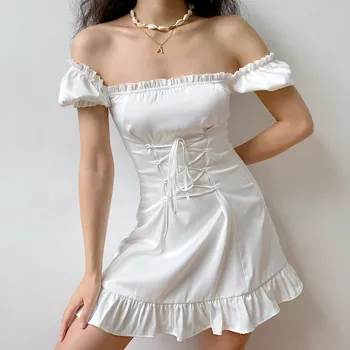 Derliaus Elegantiška Balta Vasaros Suknelės Šviesos Seksuali Mini Suknelė Moterims Atsitiktinis Sluoksniuotos Rankovėmis Aikštėje Apykaklės Lankas Bodycon Tvarstis Šaliai, Skraistės