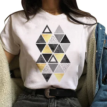 E25 Graži geometrija spausdinti Grafinis T-shirt Viršūnes Tee Mielas trumpomis Rankovėmis Moteriška T shirts