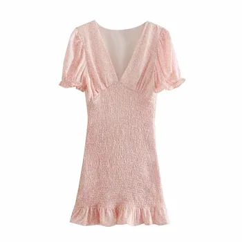 EOICIOI Za 2021 Pink Gėlių Spausdinti Vasaros Suknelė Moterims Pynimas Ruched Mini Suknelė Moteris, Trumpas Sluoksniuotos Rankovėmis Mielas Trumpos Suknelės Mergina