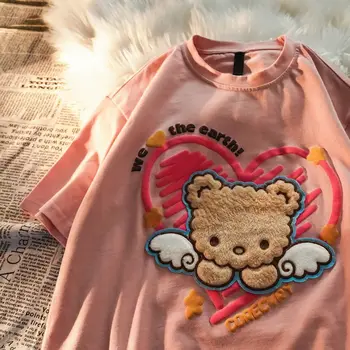 Harajuku Medvilnės Širdies Spausdinti Pliušinis Derliaus Mielas Lokys T Marškinėliai Moterims Negabaritinių Tshirts Vasaros Tees 2021 Nauja Paauglių Kawaii Viršūnės