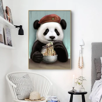 Juokinga Meno Mielas Animacinių filmų Gyvūnų Panda Valgyti Drobė, Tapyba, Plakatas Spausdinimo Cuadros Sienos Meno Kambarį Namų Dekoro (be Rėmelio)