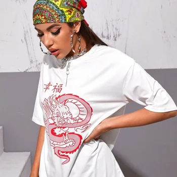 Kinų Rašte Laimės Red Dragon Atspausdinta Marškinėliai Merginoms Ponios Mielas Atspausdinta Marškinėliai Trumpomis Rankovėmis Medvilnės Street Wear