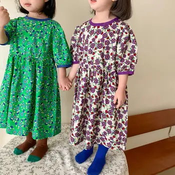 Korėjos Vaikų Nauji Drabužiai Baby Girl Trumpas Rankovėmis Smulkių Skaldytų Gėlių Ilga Suknelė Literatūros Modelis