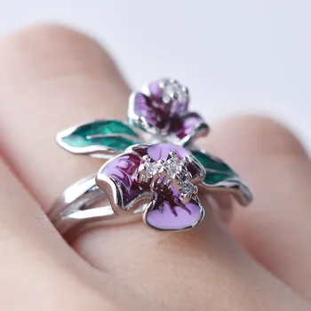 Kūrybos Violetinė Emalio Gėlės Žiedas Moterims Derlius kalnų krištolas Papuošalai, Žiedai, Moterų Kristalų Žalias Lapas Žiedas Moterų Vestuvių Žiedai