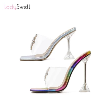 LadySwell PVC Mados Skaidri Aukšto Sandalai 2021 Moterų Sun Flower Kristalų Sagtis Pločio Kojų Aišku, Mulas Kulniukai