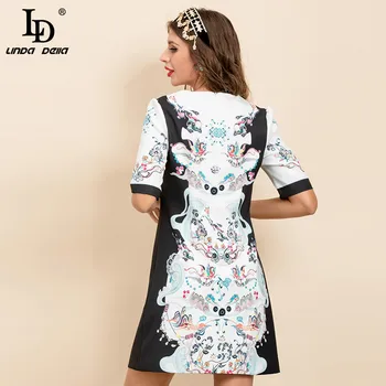 LD LINDA DELLA 2021 Mados Dizaineris Vasaros Vintage Suknelė Moterims trumpomis Rankovėmis Puošnus Gėlių Spausdinti Duobute Elegantiška Mini Suknelė