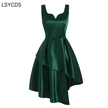 LSYCDS Brangioji Kaklo Green Satino Asimetriškas Hem Kietas Suknelės Rankovių Elegantiškas Šalis Drabužius, Plius Dydis Slim Moterų Suknelė