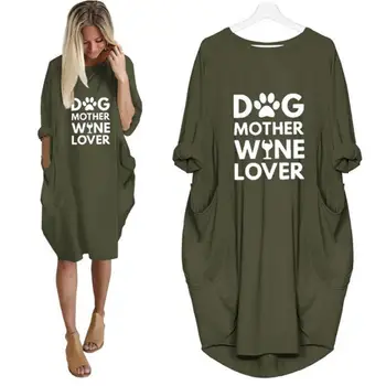Mados Šunų Motina Vyno Mylėtojas Raides, Print T-Marškinėliai Moterims Kišenėje Harajuku Marškinėlius (T-Shirt Moterims Off Peties Viršūnės Grafinis
