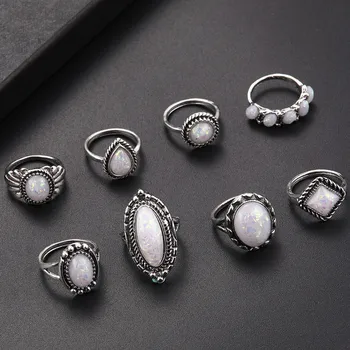 Mados Žiedas Pietų Korėja Žiedas Merginų Grupė 8pcs/set Žiedų Rinkinys, Sidabro Natūralus Akmuo Ugnies Opalas Deimantas Žiedas Weddi