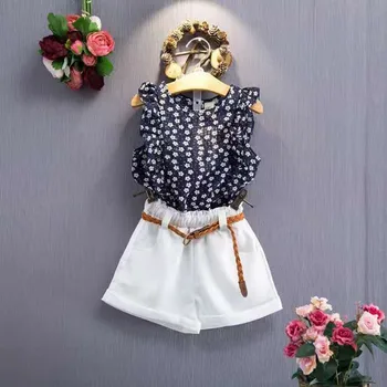 Mažmeninės prekybos kūdikių mergaičių drabužius vasarą 2020 merginos aprangos komplektai vaikams, drabužių, Gėlių mergaitė marškinėliai+šortai drabužių rinkiniai 2-9 metų drabužių
